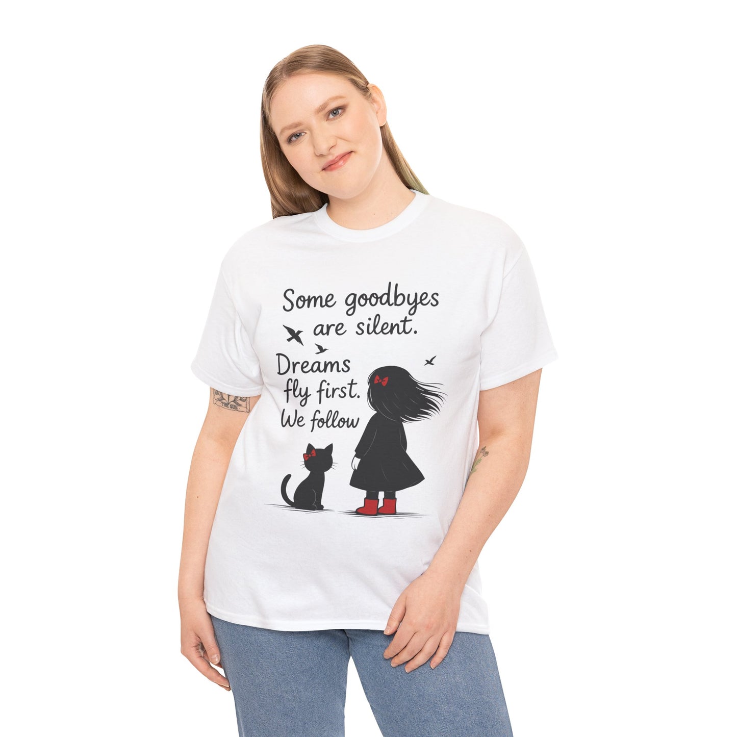 Emotional Hand Drawn Womens T-Shirt, Minimalist Red Dress Girl and Cat Graphic Tee, Cat Lover Gift