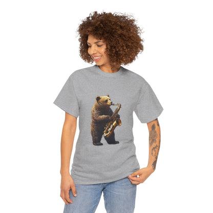 Saxophone Bear Unisex Heavy Cotton Tee, Music Lover Shirt, Gift for Musicians, Cute Animal Tee, Fun Jazz T-Shirt