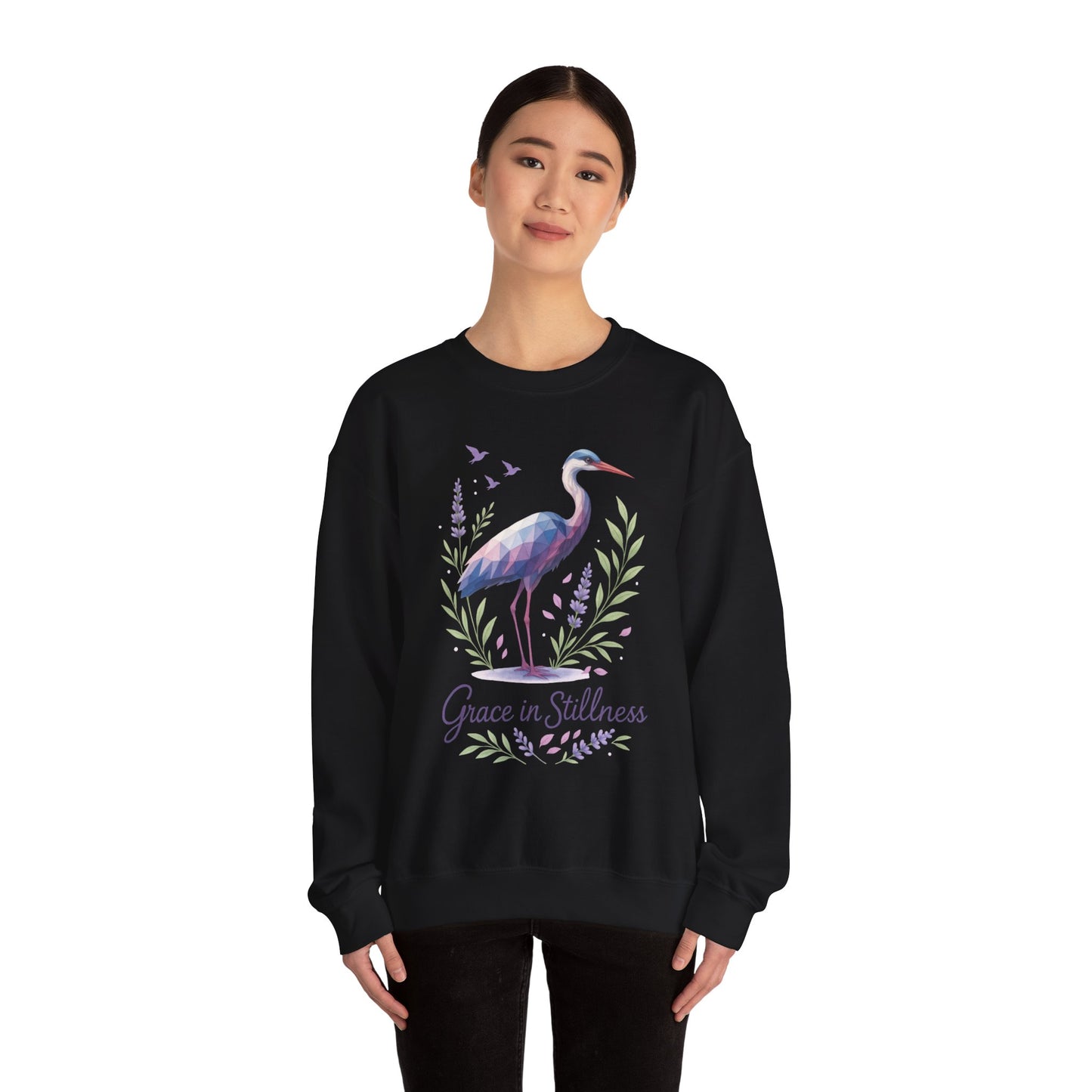 Polygonal Heron Graphic Sweatshirt, Women's Artistic Bird Crewneck, Nature-Inspired Minimalist Design, Geometric Crane, Bird Lovers Gift