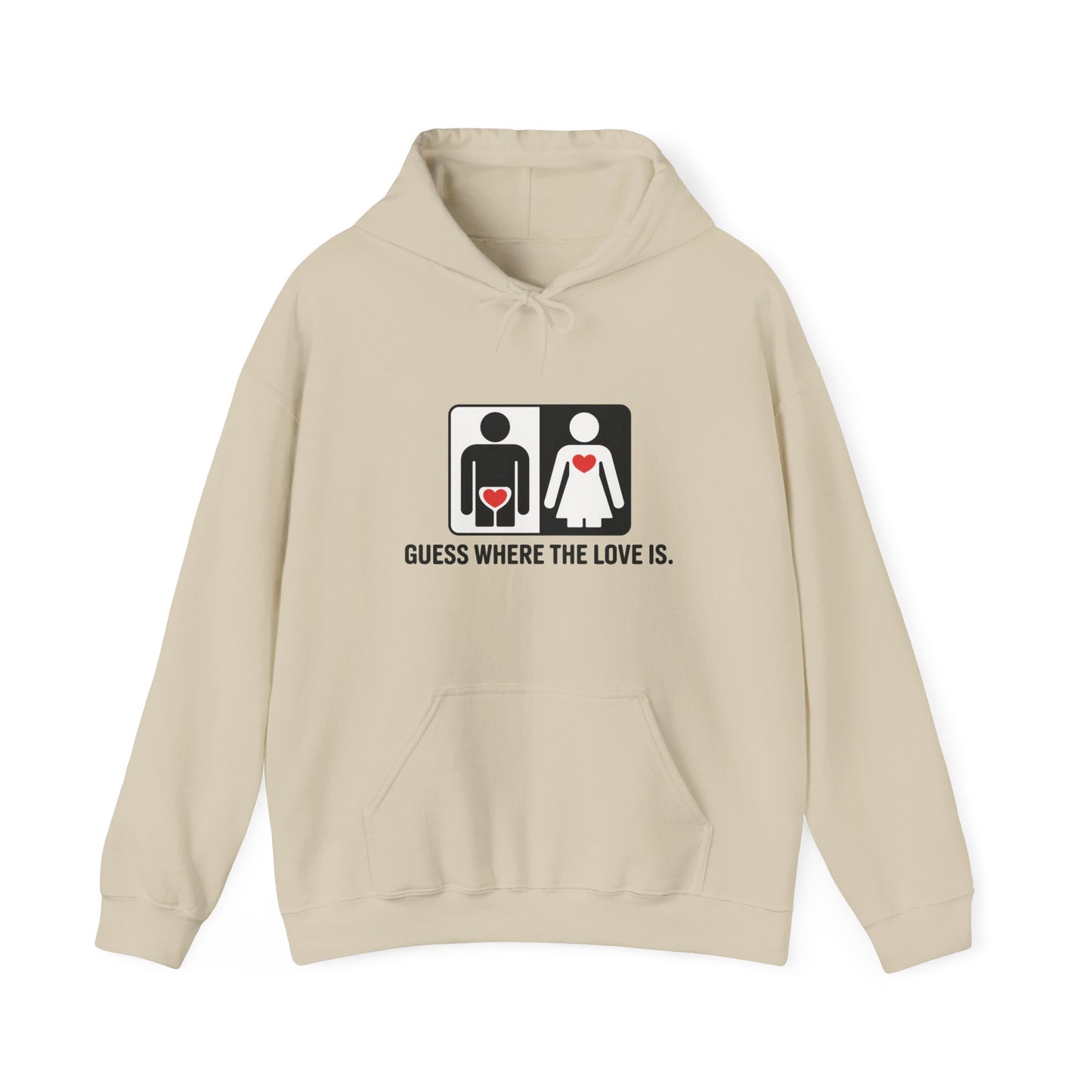 Cute Guess Where The Love Is Mens Hoodie, Sweatshirt for Couples, Valentines Day Gift, Relationship Humor Hoodie, Bold Love Joke Hoodie