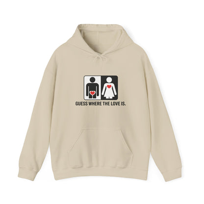 Cute Guess Where The Love Is Mens Hoodie, Sweatshirt for Couples, Valentines Day Gift, Relationship Humor Hoodie, Bold Love Joke Hoodie