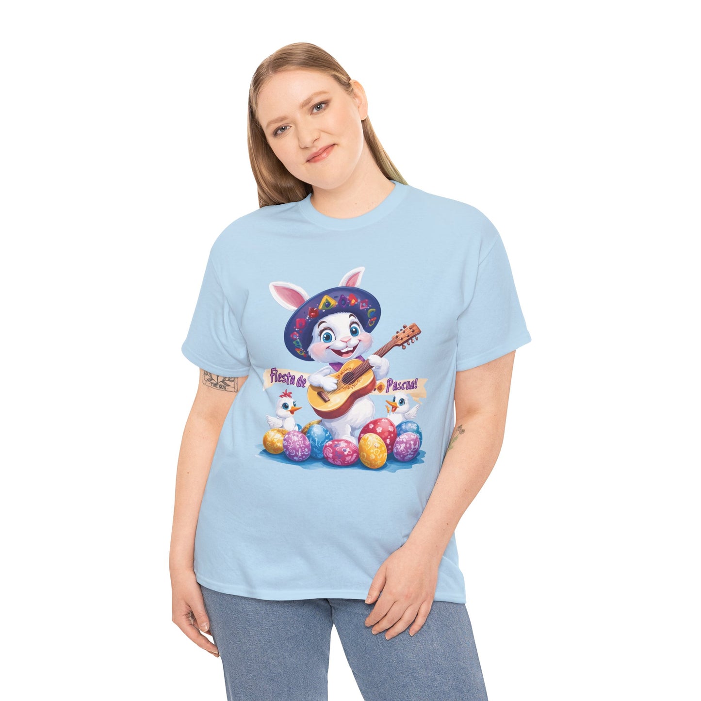 Fiesta de Pascua Bunny Shirt, Funny Easter Rabbit Playing Guitar Tee, Colorful Unisex Heavy Cotton T-Shirt, Cute Holiday Celebration Gift