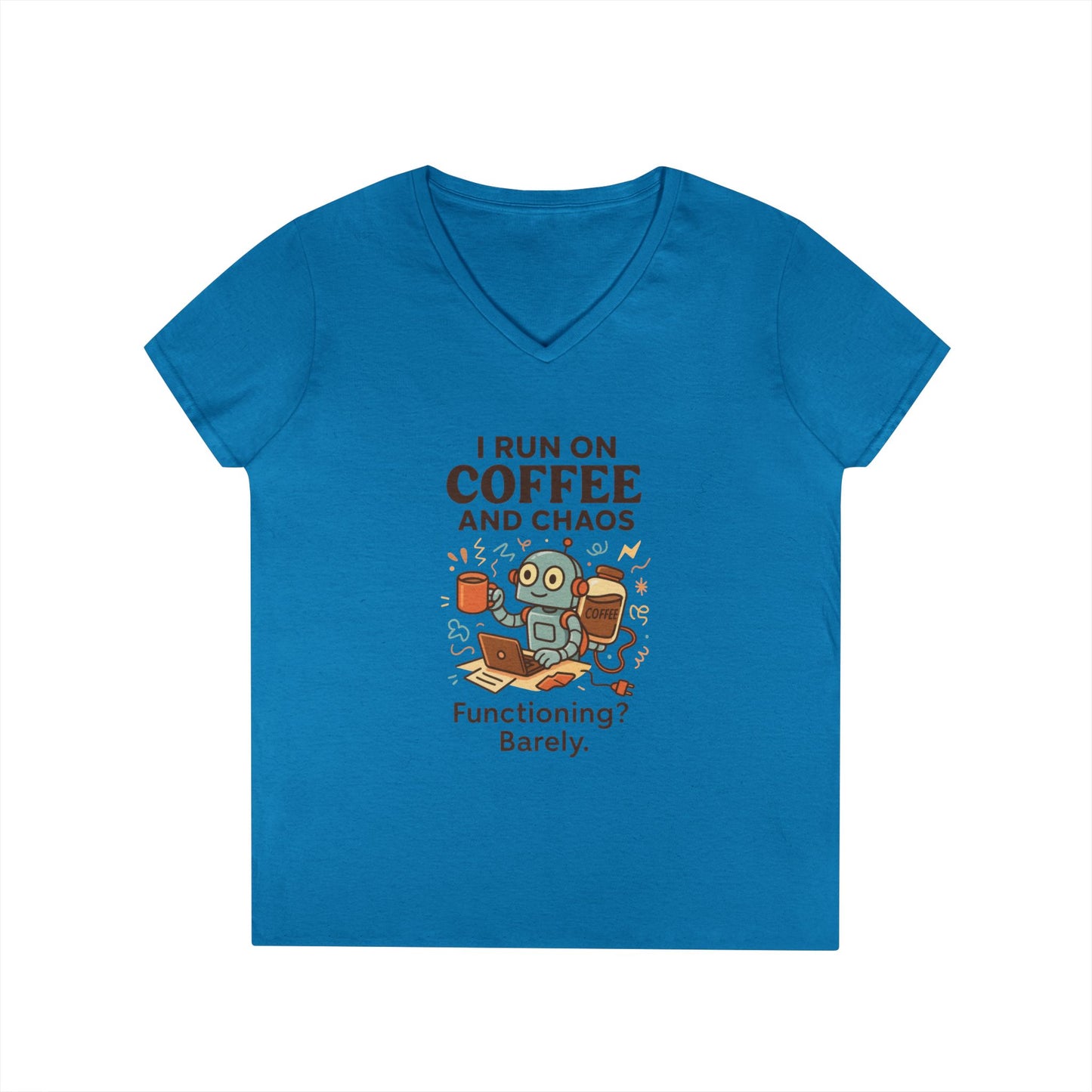 Funny Coffee and Chaos Ladies' V-Neck T-Shirt, Gift for Coffee Lovers, Quirky Tee, Casual Wear, Unique Humor Shirt, Work from Home Humor Tee