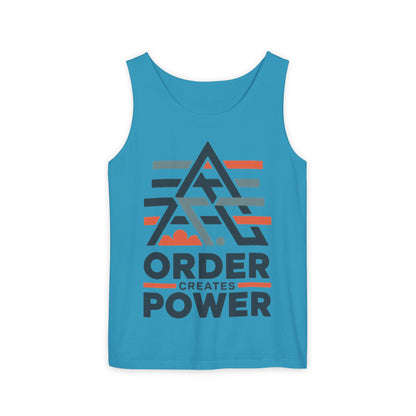 Mens Garment-Dyed Tank Top, Mens Tank Top Order Creates Power, Minimal Geometric Motivational Graphic Summer Shirt