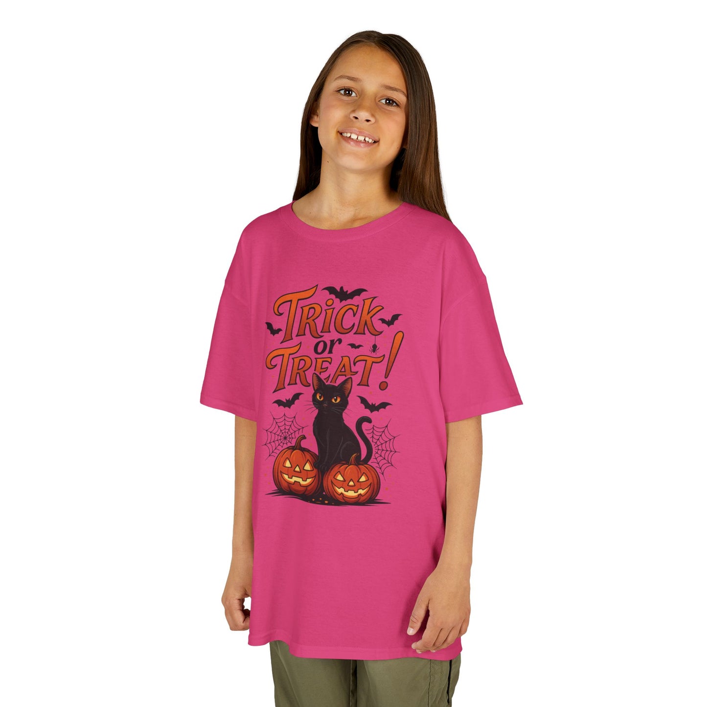 Cute Trick or Treat Black Cat T-Shirt for Girls Boys, Fun Spooky Halloween Tee, Pumpkin Cat Shirt for Kids, Fall Party Outfit