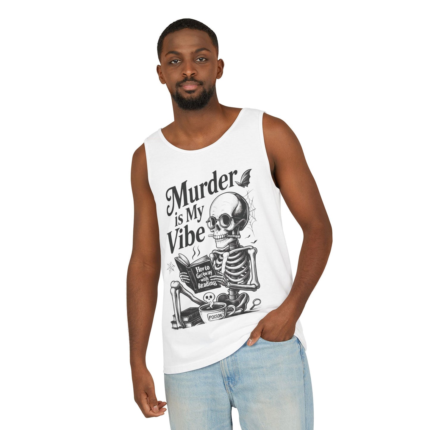 Murder Is My Vibe Tank Top, Mens Goth Tank, Halloween Clothing, Skeleton Graphic Tee, Cozy Casual Wear, Quirky Gift Idea