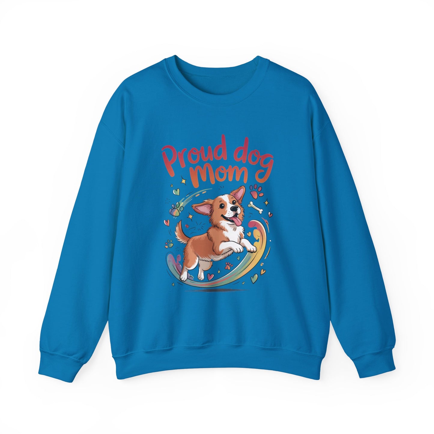 Proud Dog Mom Crewneck Sweatshirt, Pet Lover Gift, Dog Mom Apparel, Animal Lover Clothing, Gift for Dog Moms, Puppy Paw Rainbow Print
