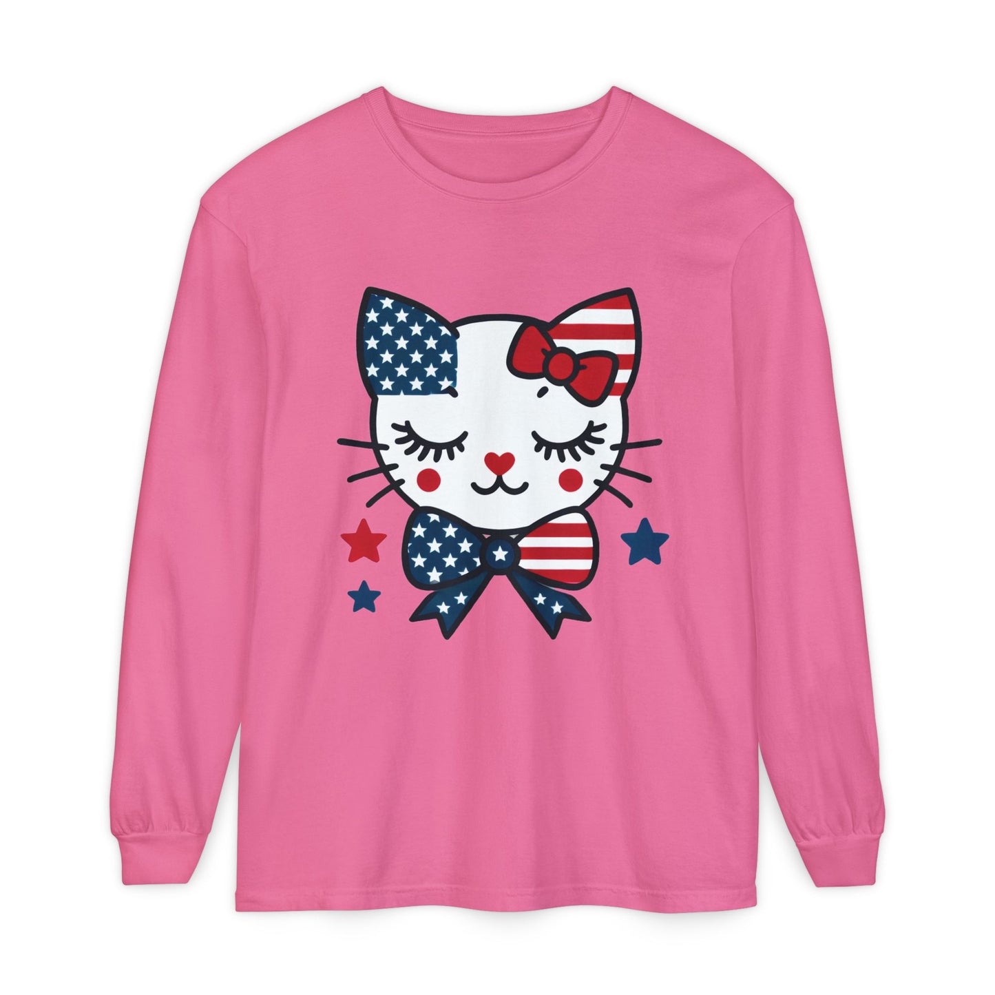 Patriotic Cat Long Sleeve T-Shirt, Women's Tee, Perfect for Fourth of July, Animal Lover Gift, Cozy Casual Wear, Holiday Apparel
