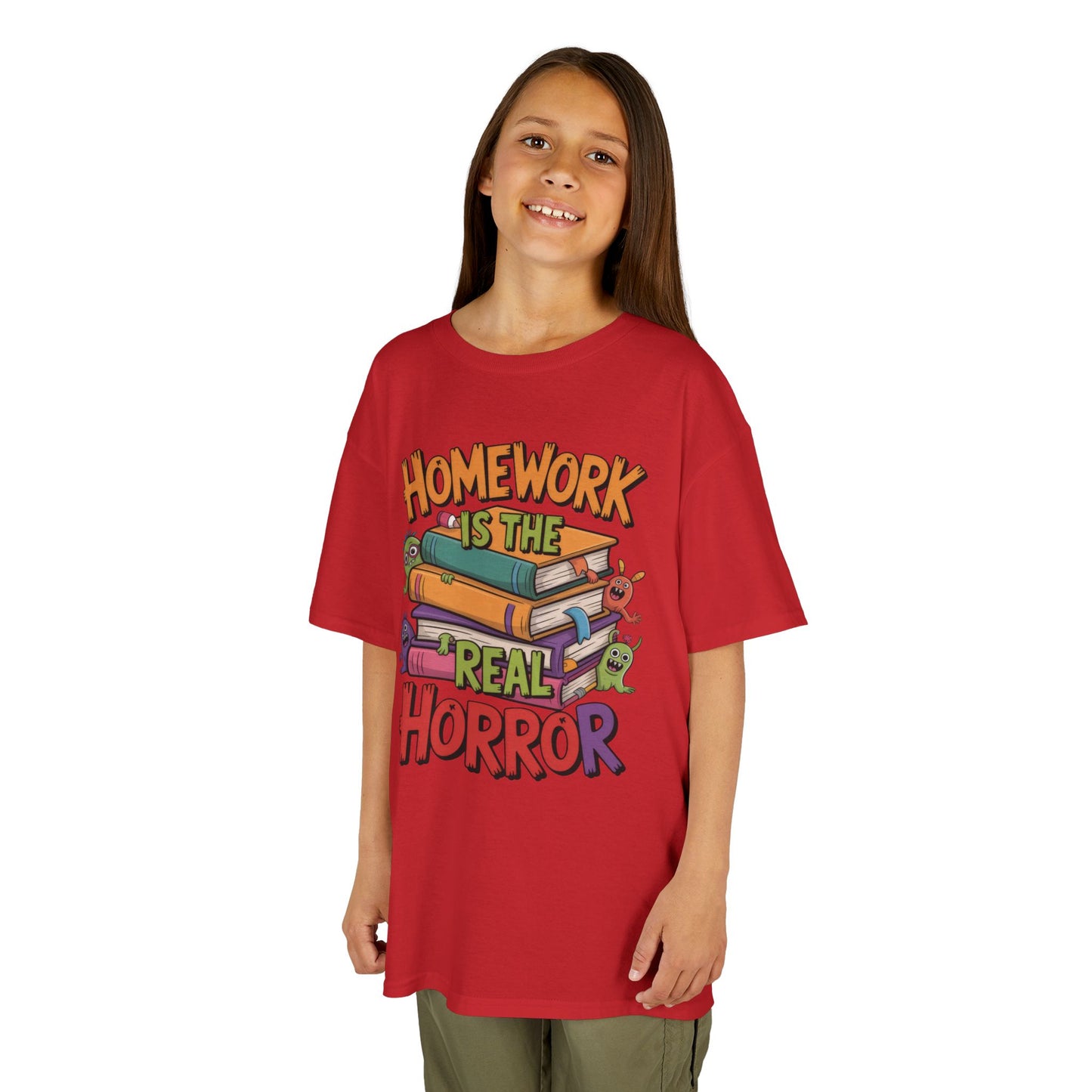 Kids Funny Homework Tee, Cute Monster School Shirt, Homework Is the Real Horror, Back to School Gift for Boys & Girls, Kids Halloween Tee
