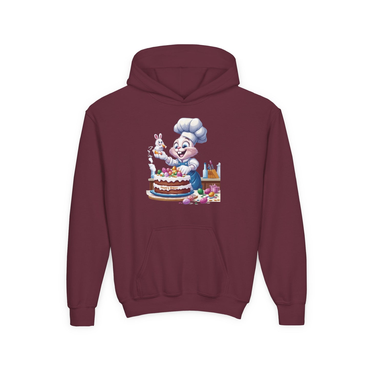 Hoppy Baker Easter Bunny Kids Hoodie - Cute Chef Bunny with Cake Design, Fun Spring Sweatshirt, Colorful Holiday Gift for Children