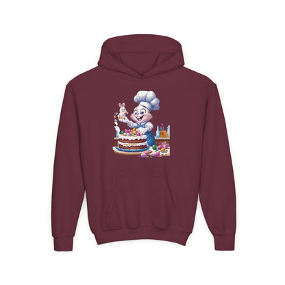Hoppy Baker Easter Bunny Kids Hoodie - Cute Chef Bunny with Cake Design, Fun Spring Sweatshirt, Colorful Holiday Gift for Children
