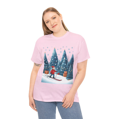 Womens Cute Winter Holiday Graphic Tee, Christmas Skiing T-Shirt, Women's Heavy Cotton Tee
