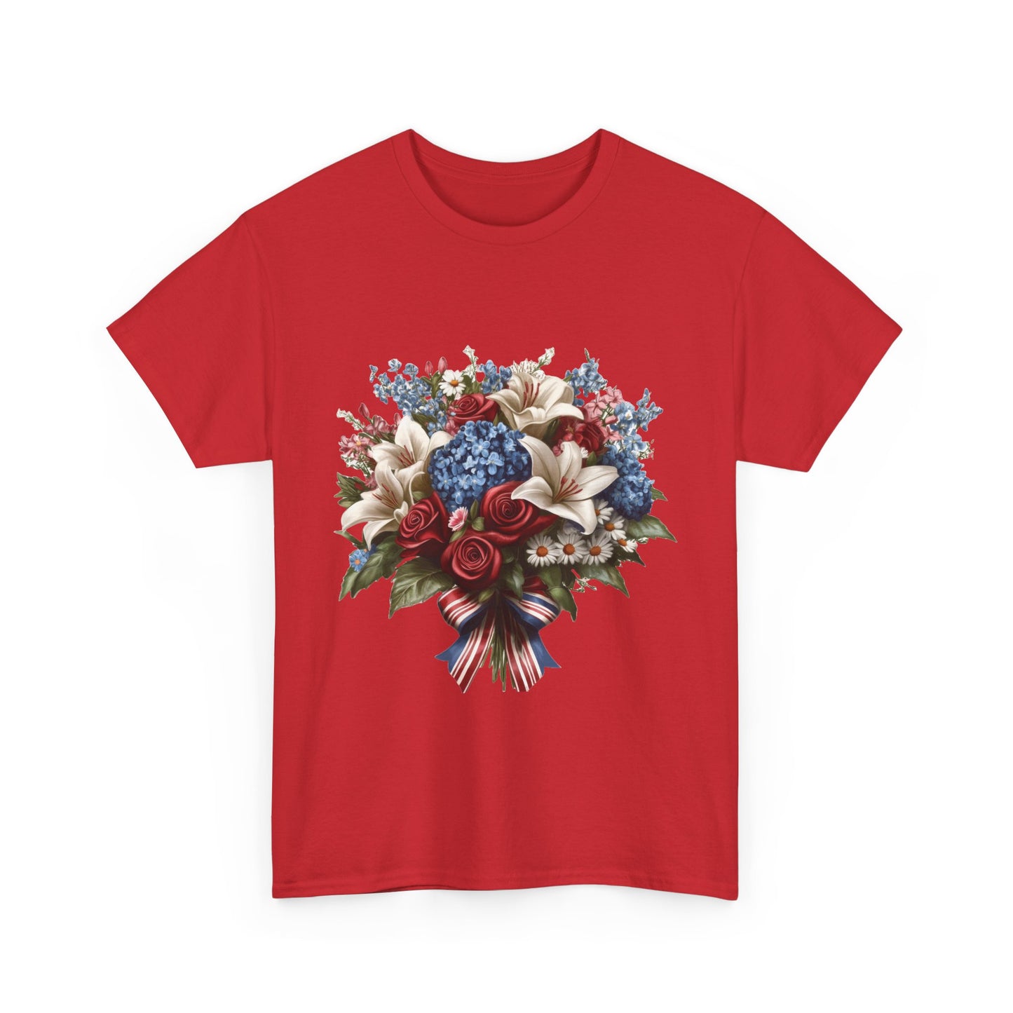 Patriotic Floral Bouquet T-Shirt, Red White Blue Flower Graphic Tee, USA Pride Shirt, Unisex Heavy Cotton Tee
