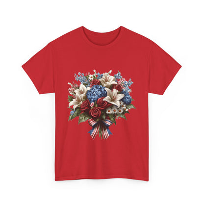 Patriotic Floral Bouquet T-Shirt, Red White Blue Flower Graphic Tee, USA Pride Shirt, Unisex Heavy Cotton Tee