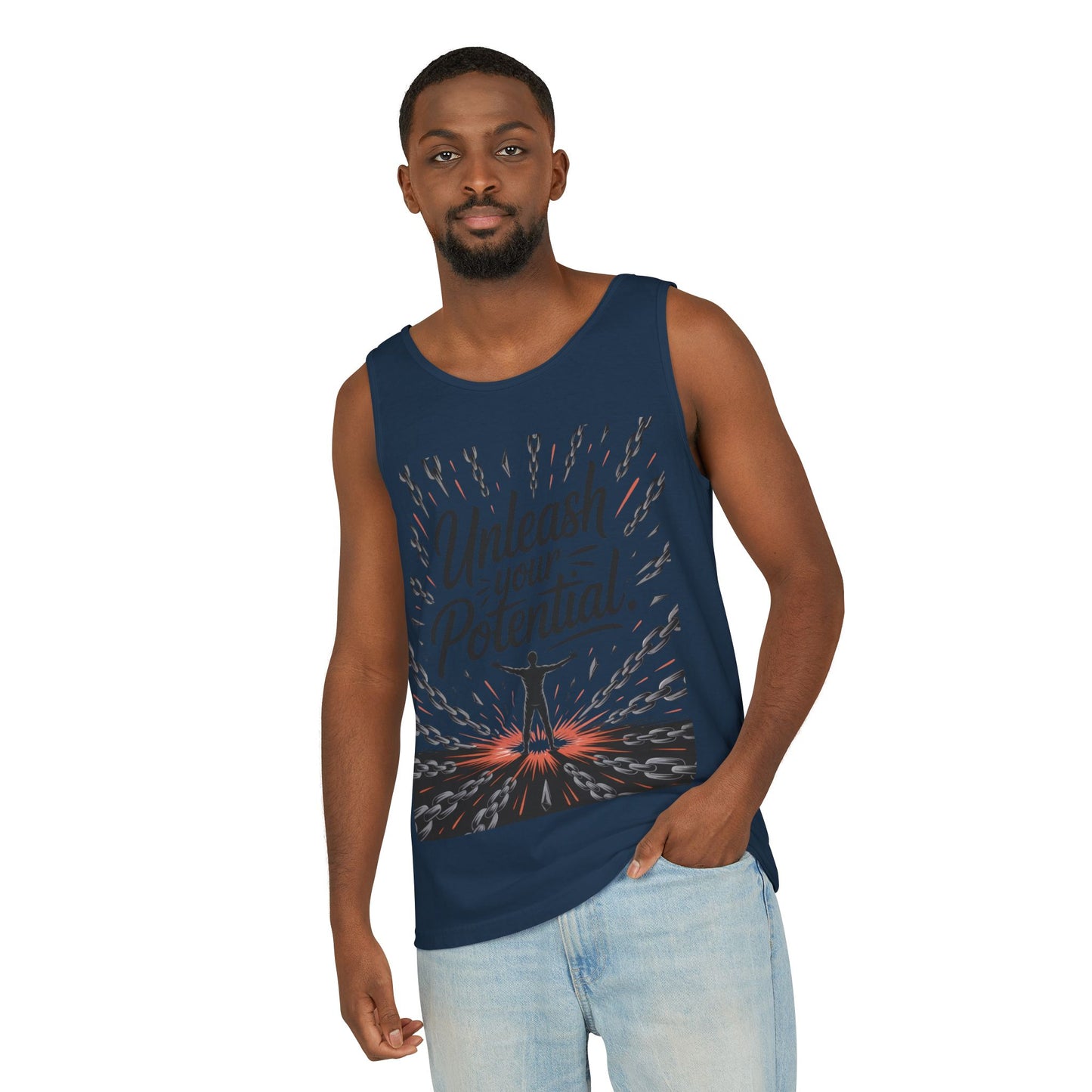 Men's Motivational Tank Top, "Unleash Your Potential" Graphic, Inspirational Gym Wear, Fitness Apparel, Summer Top, Gift for Him
