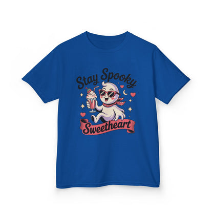 Girls Halloween Ghost T-Shirt, Stay Spooky Sweetheart Tee for Kids, Cute Retro Style Tween Girl Outfit Gift, Kids Heavy Cotton™ Tee