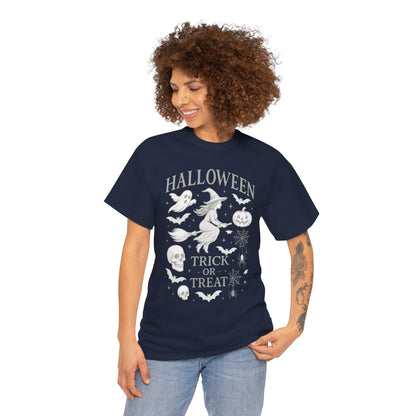 Halloween Witch Flying Broomstick T-Shirt, Trick or Treat Ghost Pumpkin Skull Spider Web Women's Tee