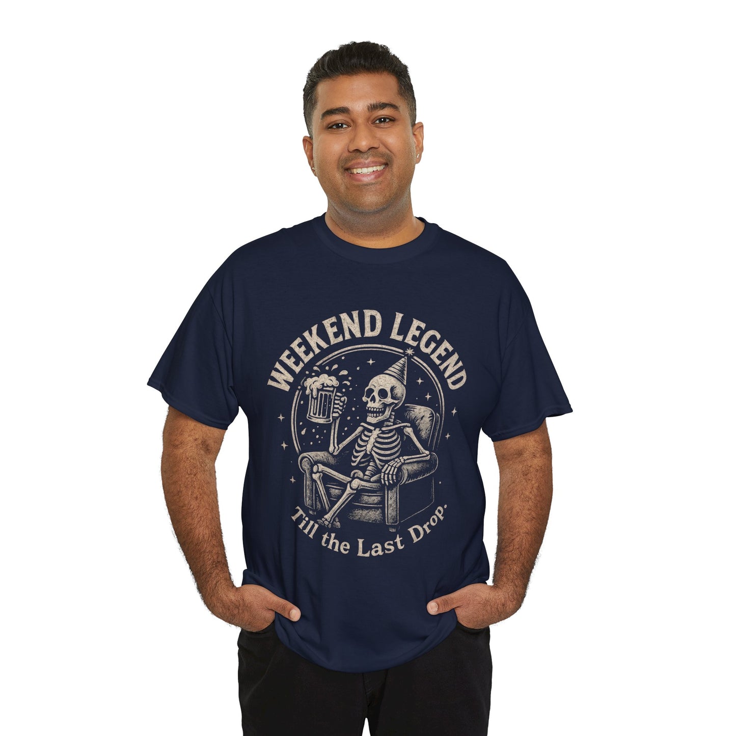 Weekend Legend Mens T-Shirt, Funny Skeleton Beer Tee, Till the Last Drop Party Shirt, Vintage Style Graphic Tee for Him, Halloween Apparel