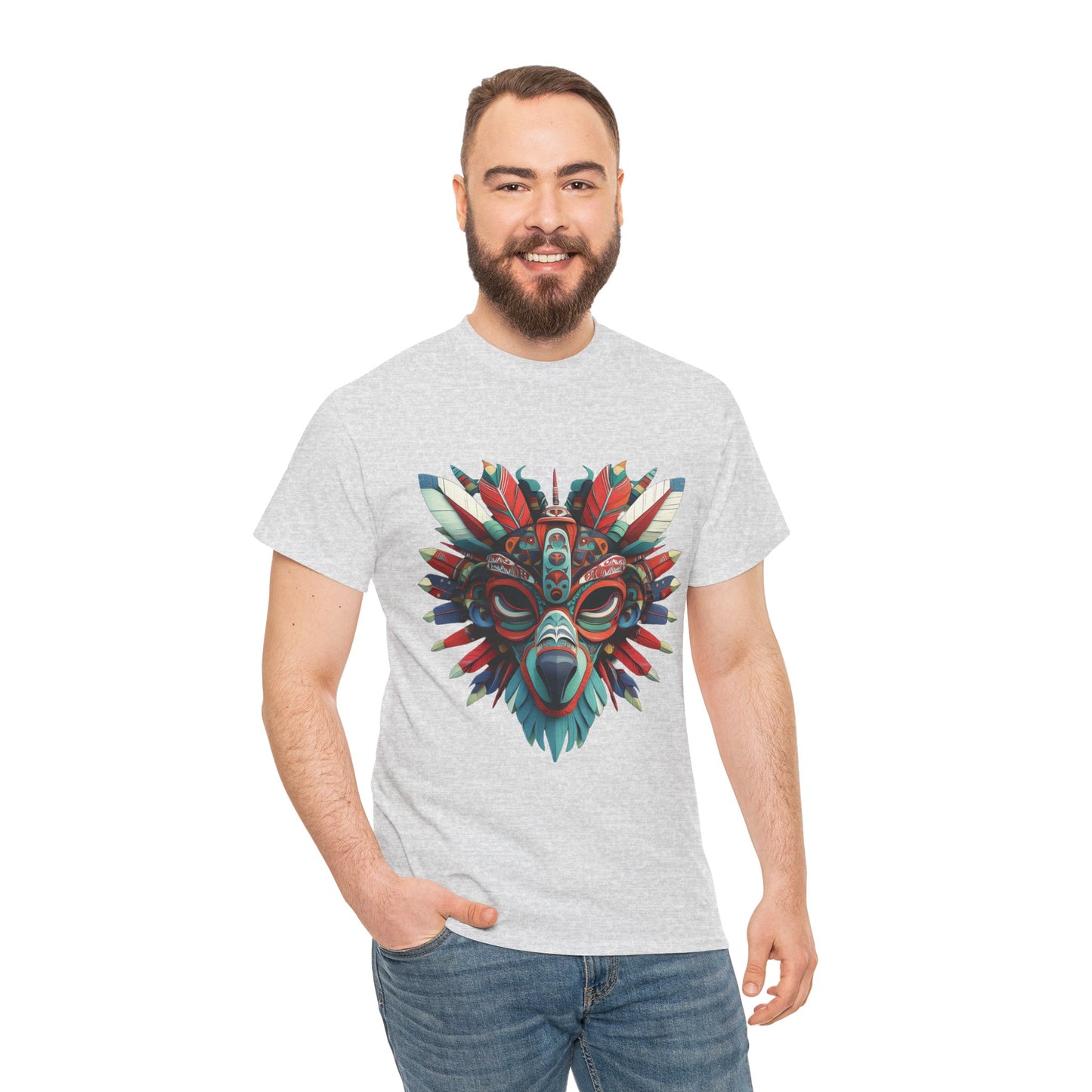 Tribal Wolf Mask T-Shirt, Colorful Native Spirit Animal Tee, Unisex Heavy Cotton Graphic Shirt, Boho Ethnic Festival Top,Gift for Art Lovers