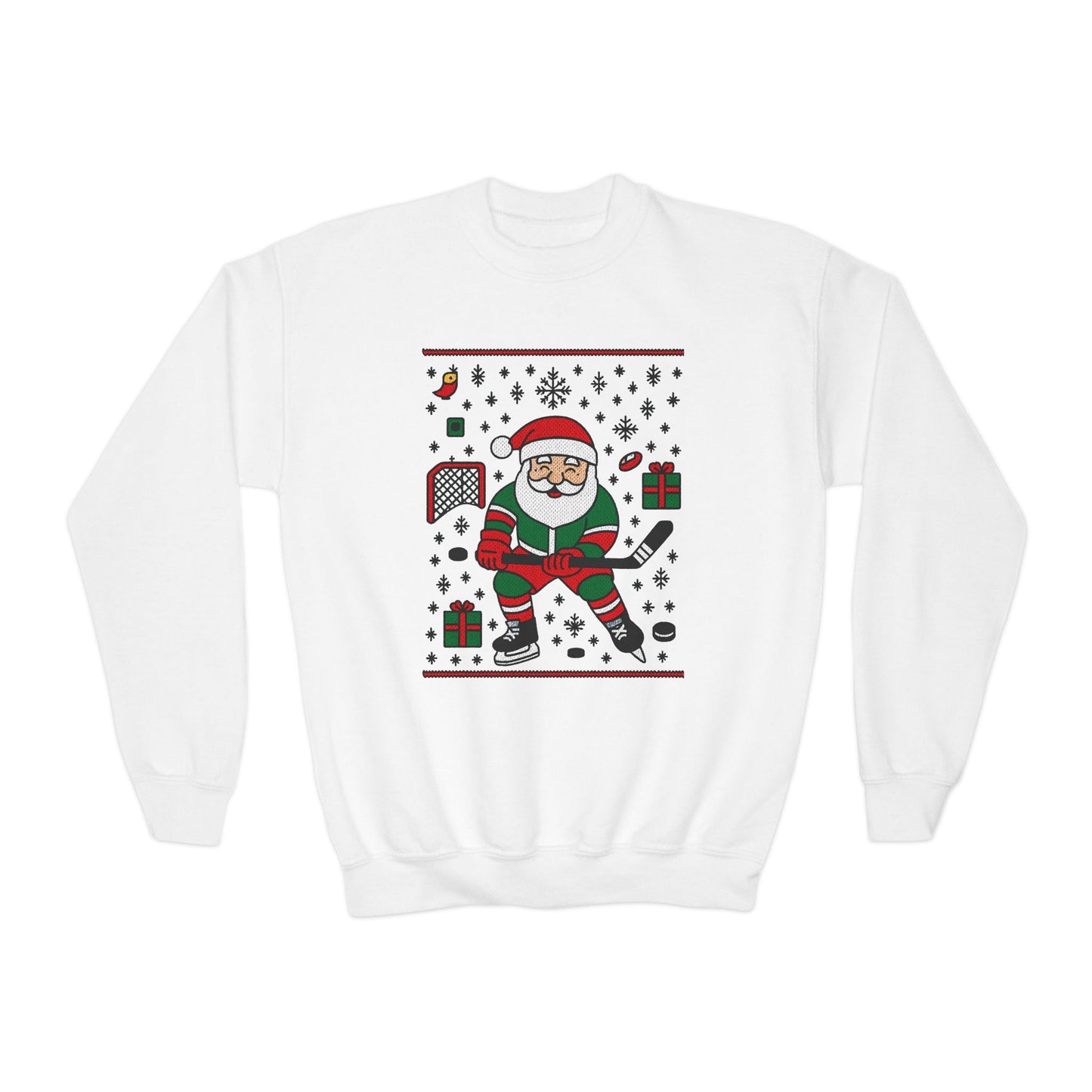 Hockey Santa Youth Christmas Sweatshirt, Funny Sports Holiday Jumper for Boys
