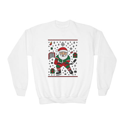 Hockey Santa Youth Christmas Sweatshirt, Funny Sports Holiday Jumper for Boys