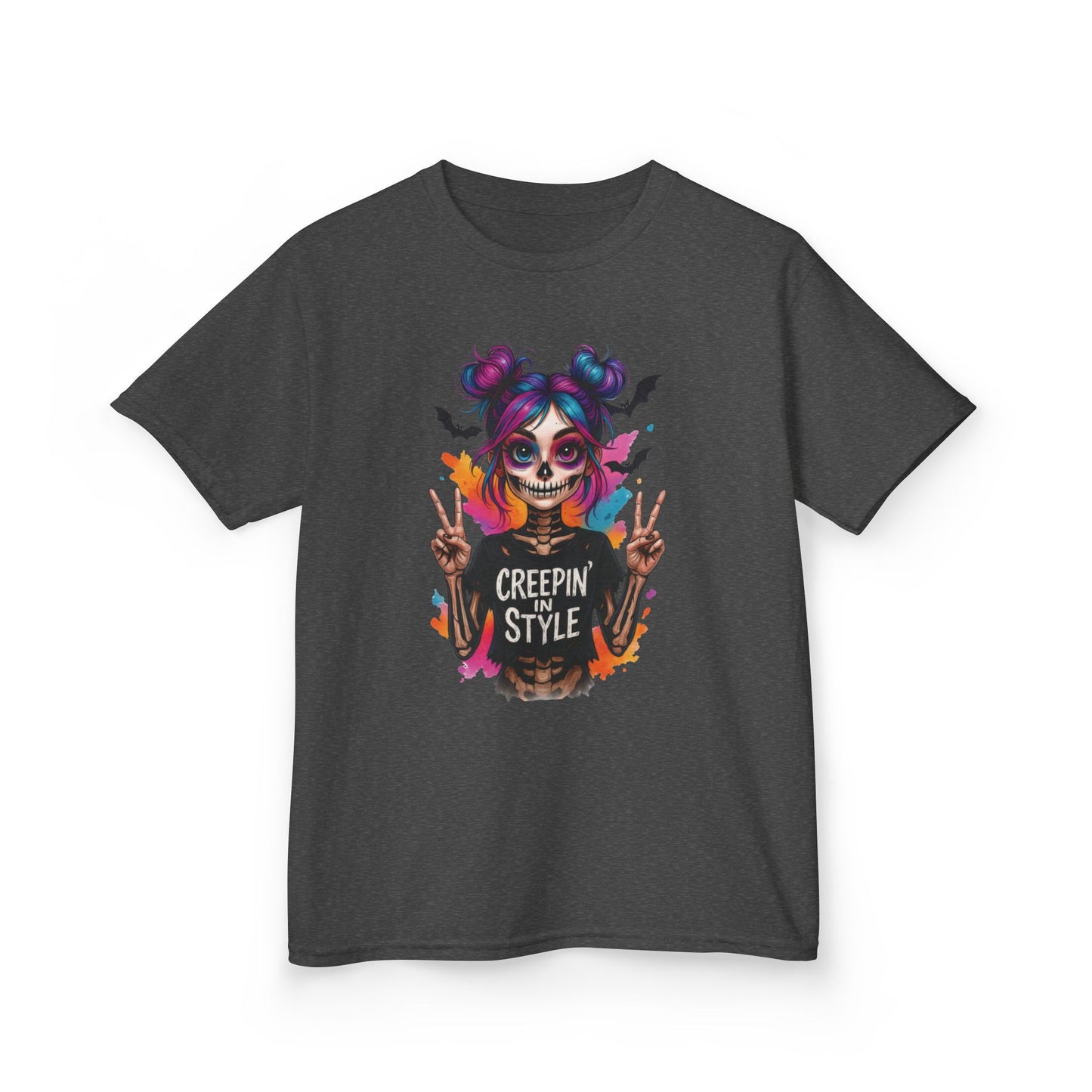 Creepin' in Style Kids Halloween T-Shirt, Colorful Skeleton Girl Design, Cute Spooky Shirt for Trendy Girls
