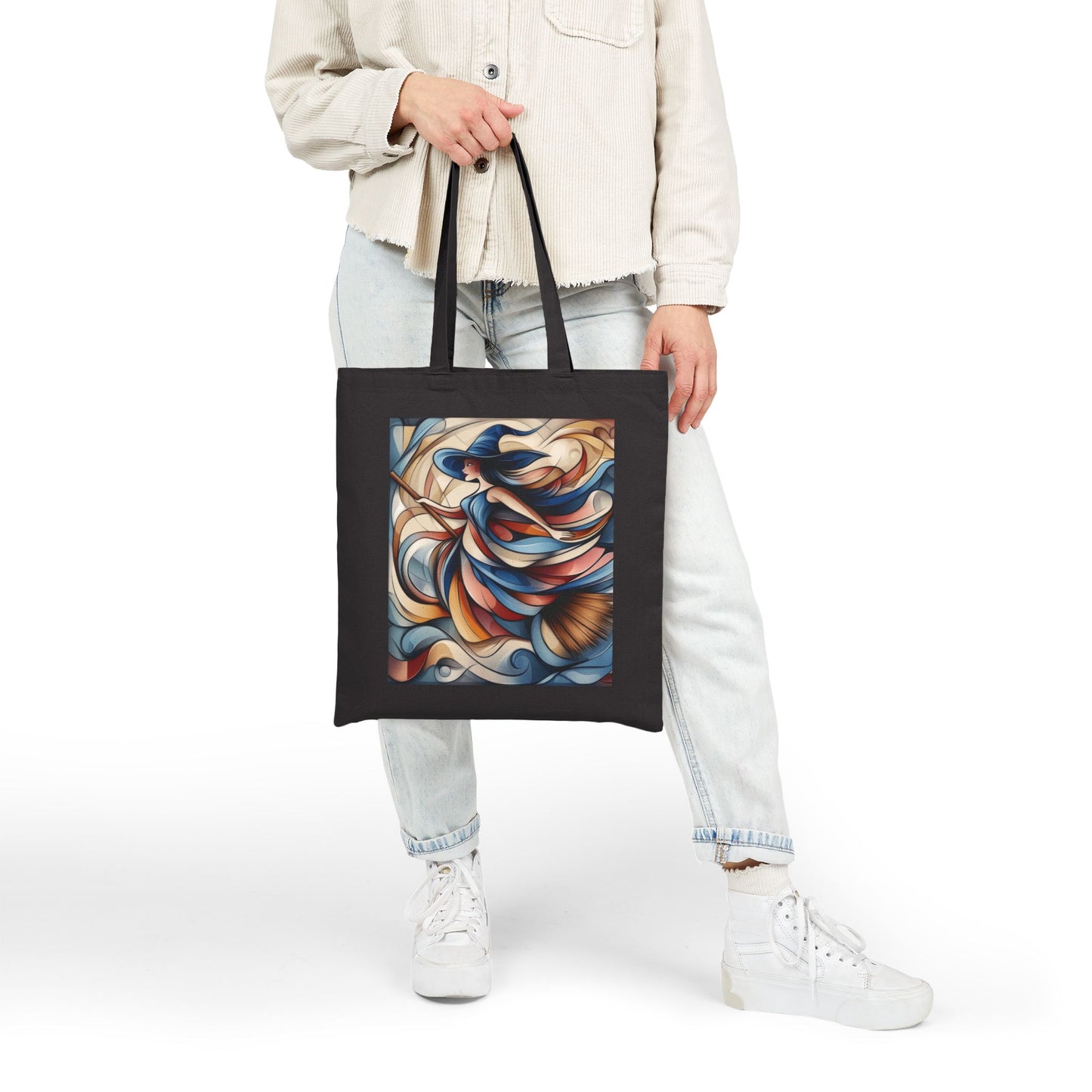 Modern Witch Wall Art, Flowing Cubist Witch Illustration, Magical Feminine Energy Print, Colorful Witchy Aesthetic Decor, Witch Art Tote Bag