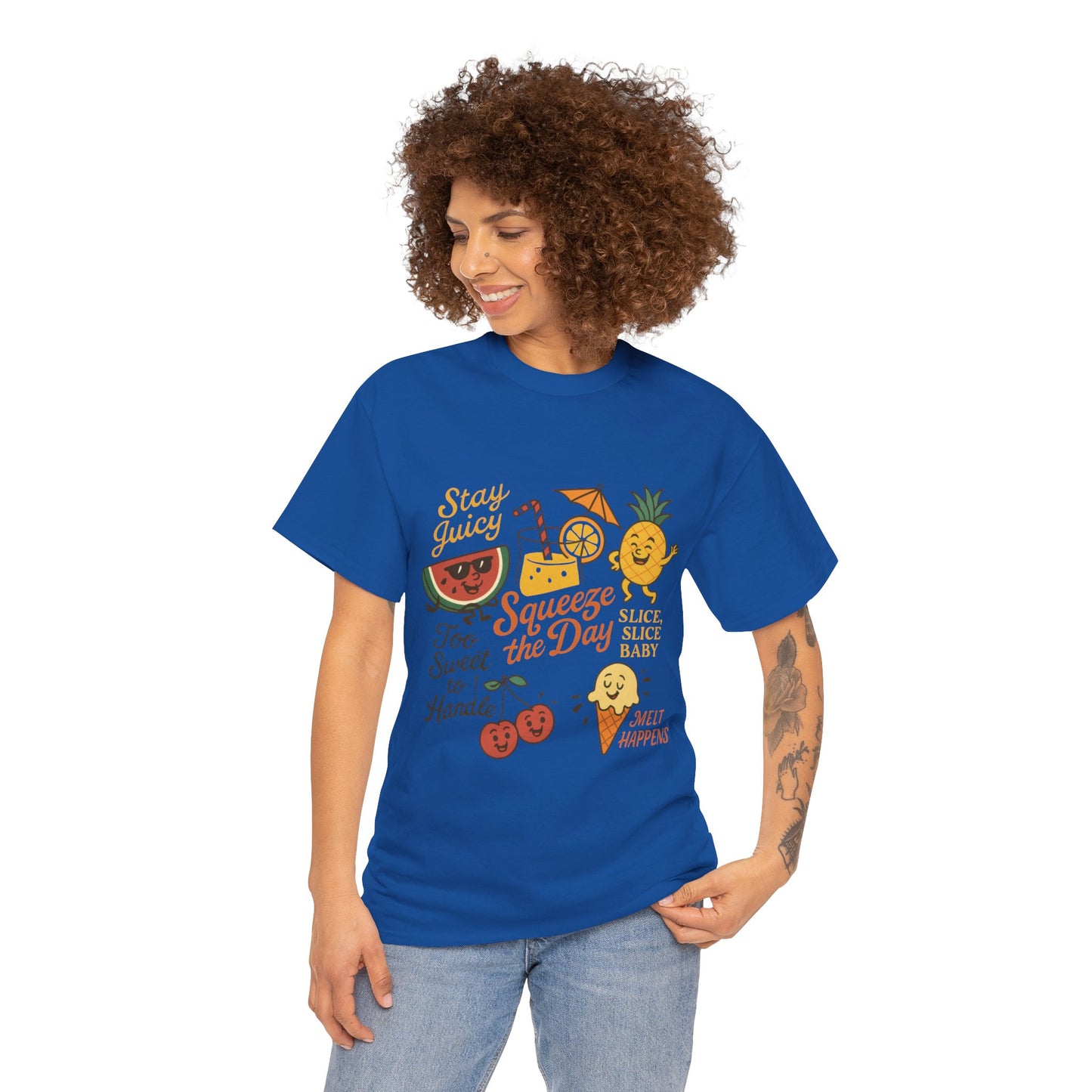 Cute Fruit Pun T-Shirt for Women, Summer Graphic Tee, Kawaii Watermelon Pineapple Ice Cream Design, Squeeze the Day Shirt, Stay Juicy Top