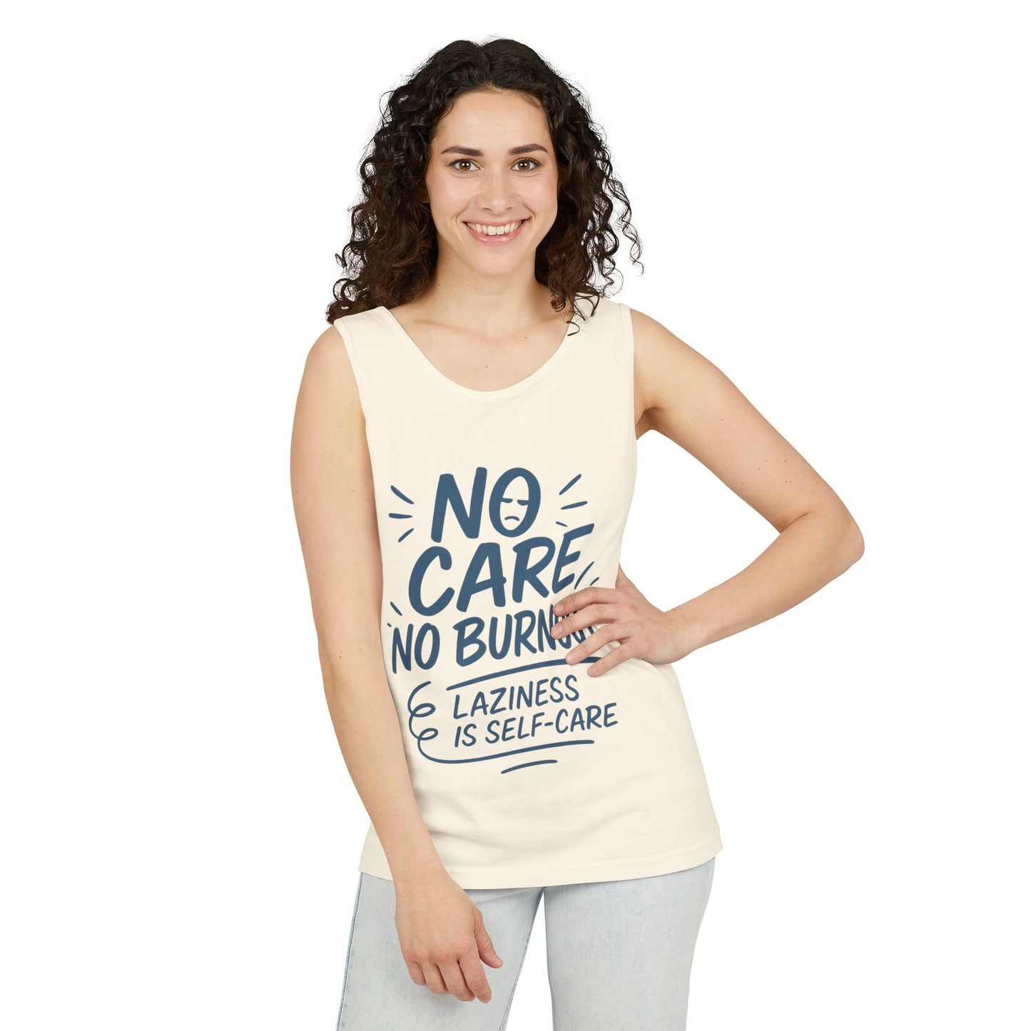 No Care No Burnout Womens Tank Top, Funny Self-Care Quote, Lazy Life Gym Workout Shirt, Casual Sleeveless Top, Relaxed Summer Apparel