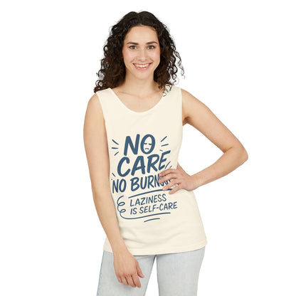 No Care No Burnout Womens Tank Top, Funny Self-Care Quote, Lazy Life Gym Workout Shirt, Casual Sleeveless Top, Relaxed Summer Apparel