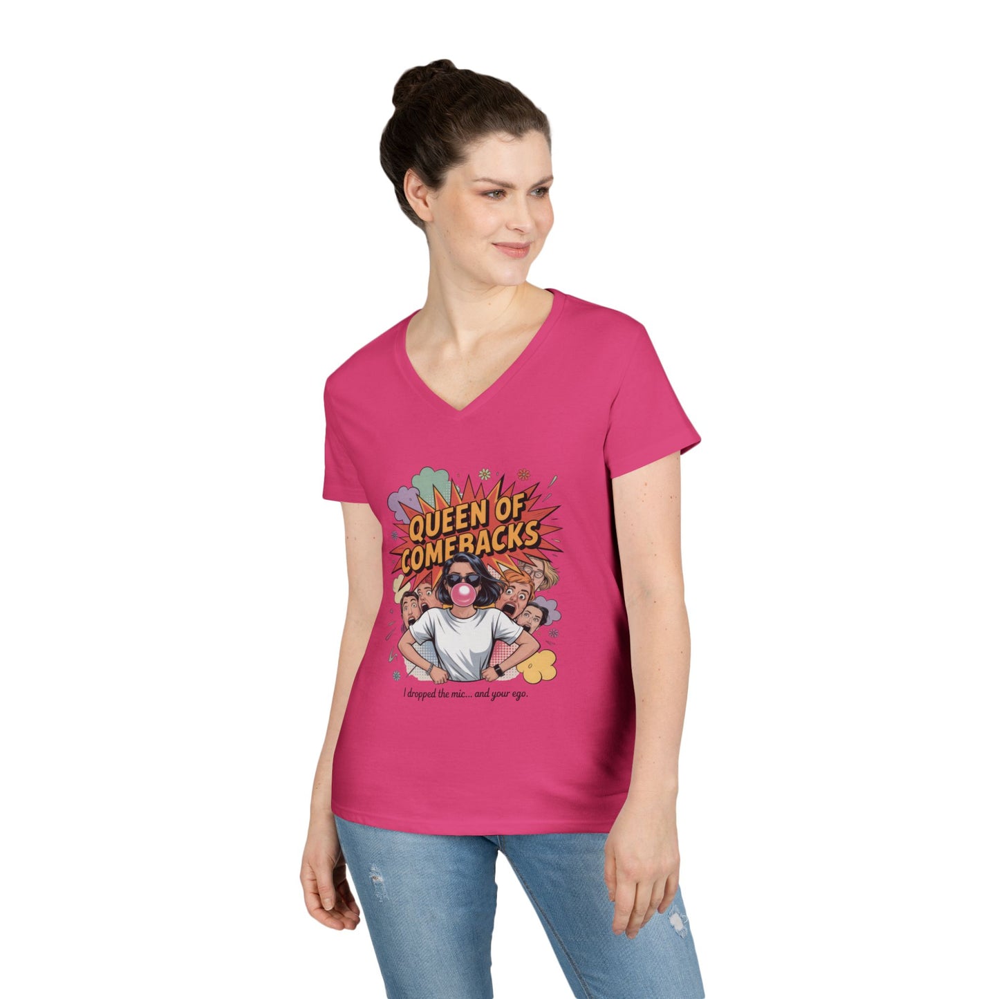 Queen of Comebacks V-Neck T-Shirt, Funny Graphic Tee, Gift for Friends, Humor Apparel, Casual Wear, Comedic Shirt