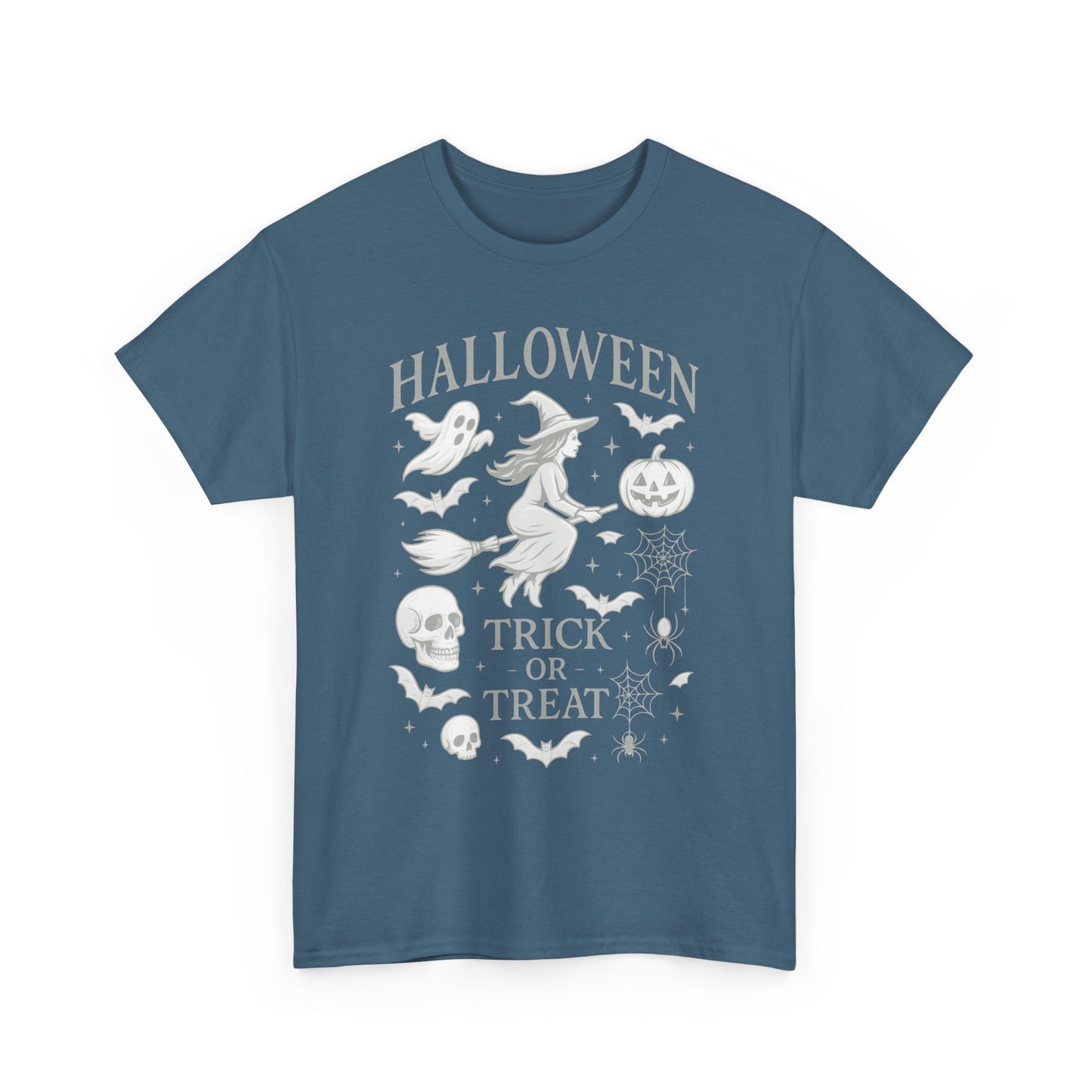 Halloween Witch Flying Broomstick T-Shirt, Trick or Treat Ghost Pumpkin Skull Spider Web Women's Tee