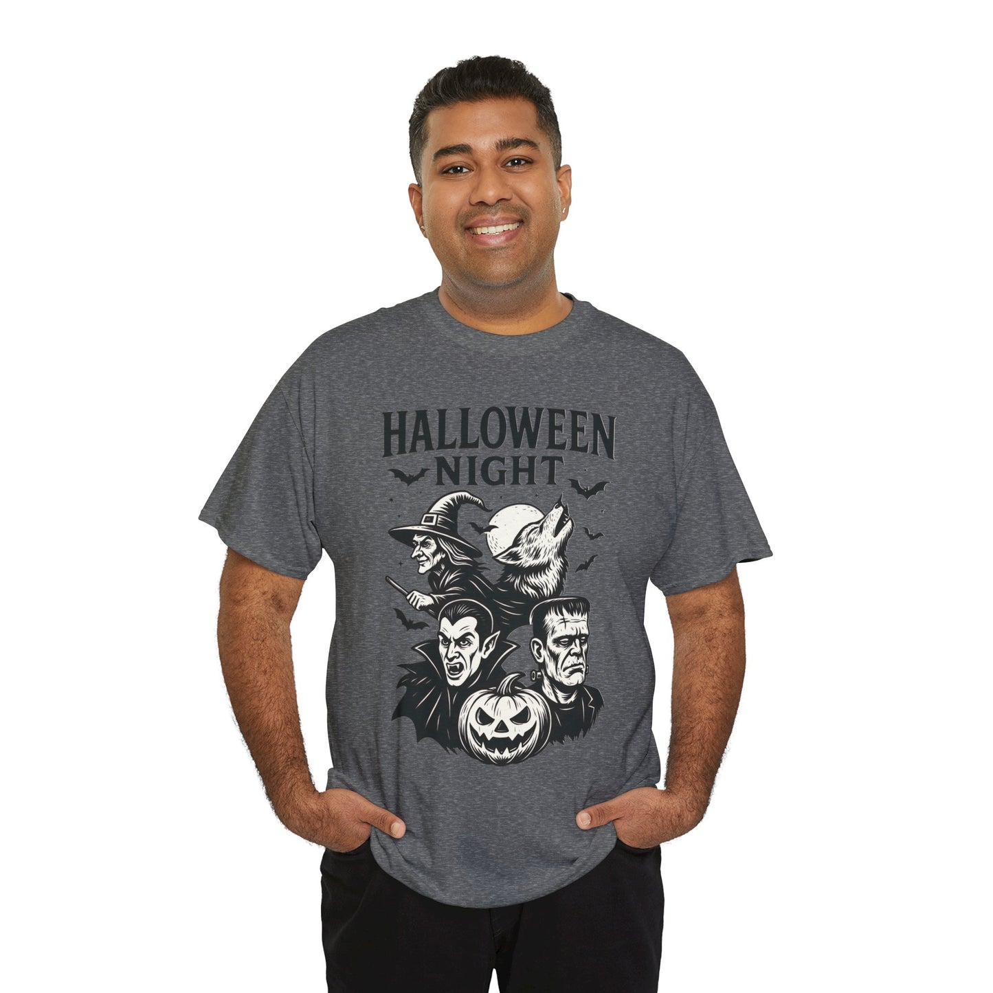 Halloween Night Men's T-Shirt, Classic Monsters Graphic Tee, Witch, Vampire, Frankenstein, Werewolf