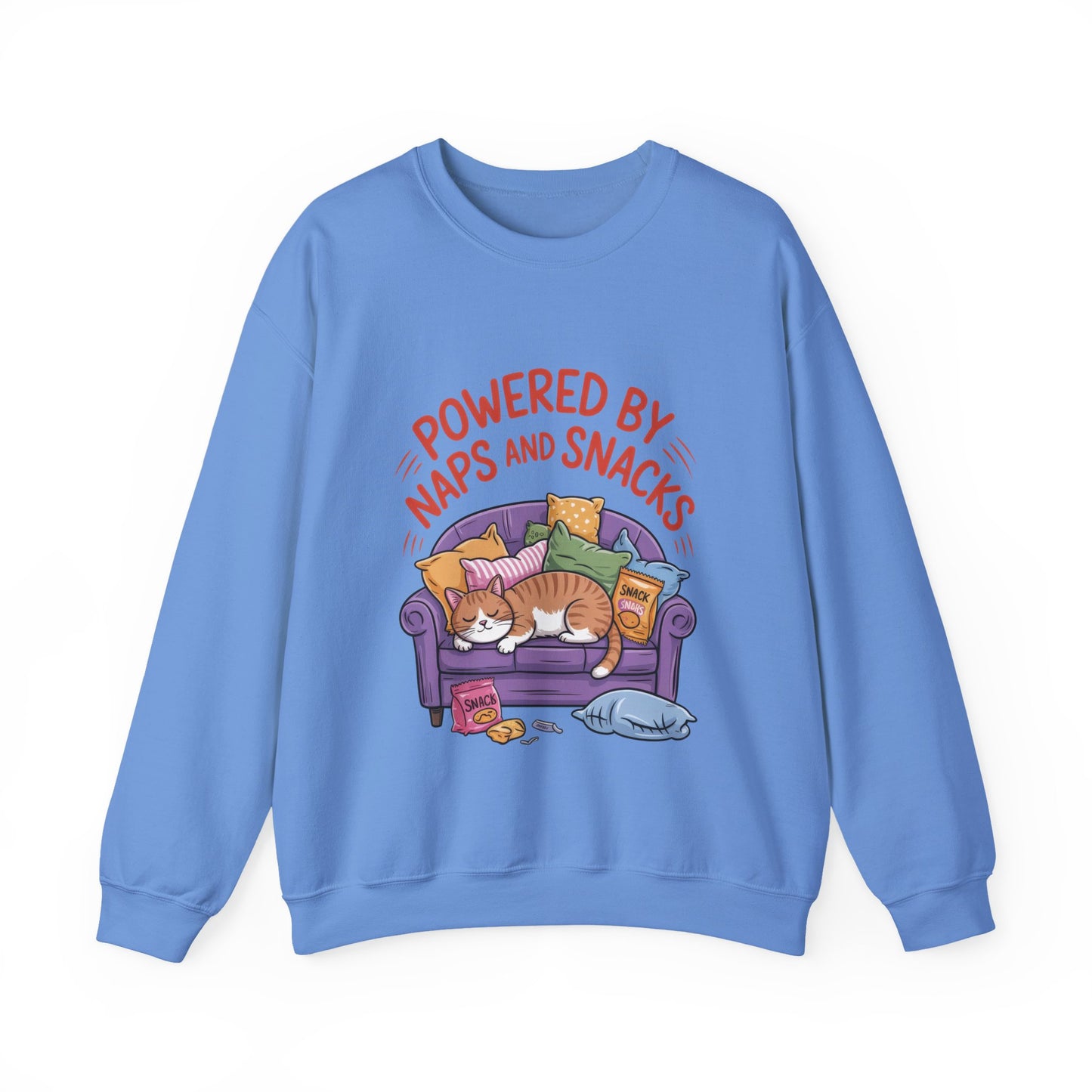 Powered by Naps and Snacks Sweatshirt, Cozy Lounge Crewneck, Gifts for Cat Lovers, Funny Cat Sweatshirt, Casual Everyday Wear