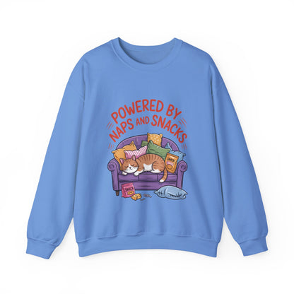 Powered by Naps and Snacks Sweatshirt, Cozy Lounge Crewneck, Gifts for Cat Lovers, Funny Cat Sweatshirt, Casual Everyday Wear