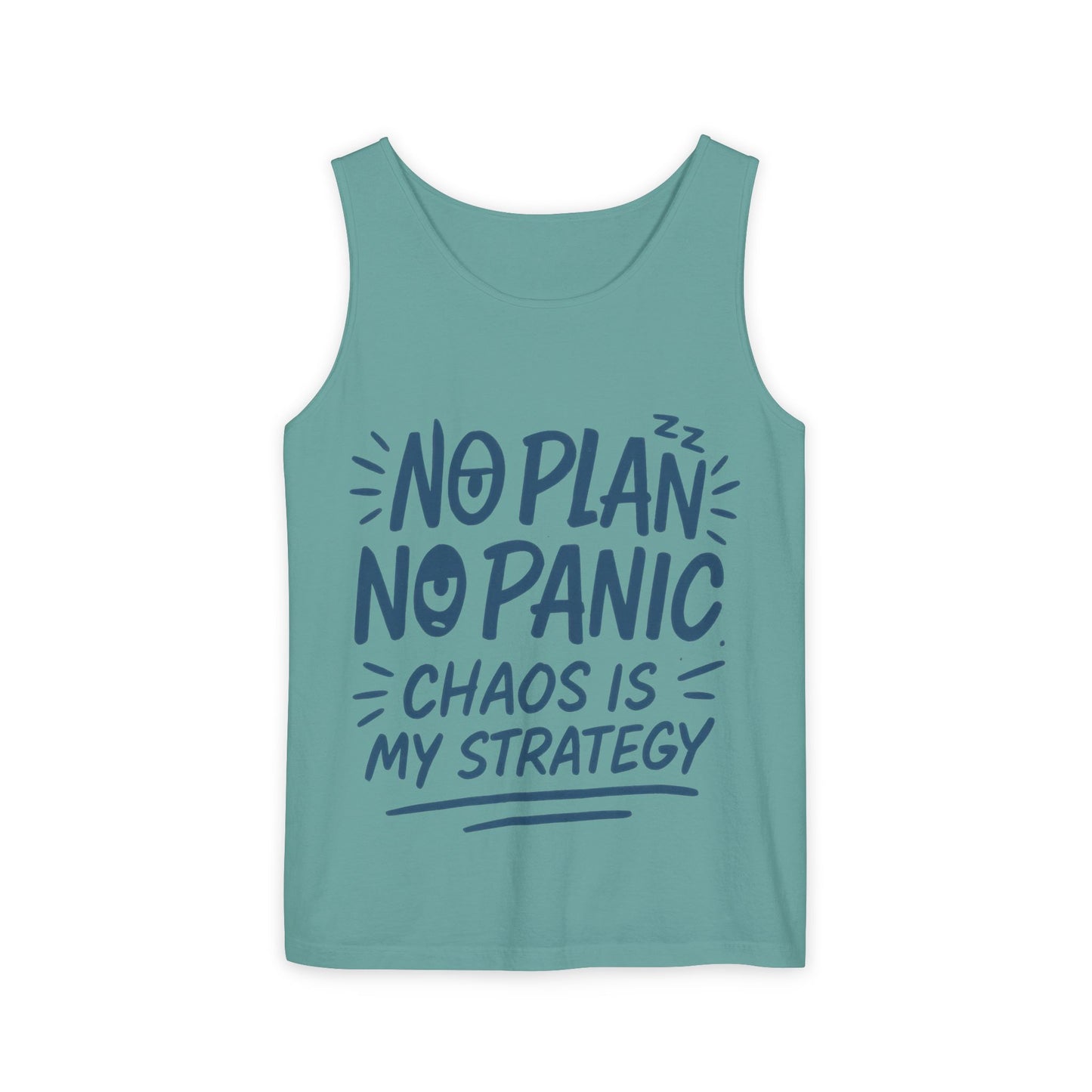 Funny Chaos Quote Mens Tank Top, No Plan No Panic Humor Shirt, Casual Graphic Tee Gift for Him, Relaxed Fit, Workout Gym Humor Shirt