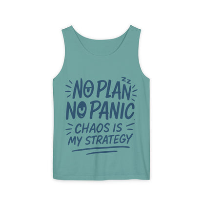 Funny Chaos Quote Mens Tank Top, No Plan No Panic Humor Shirt, Casual Graphic Tee Gift for Him, Relaxed Fit, Workout Gym Humor Shirt