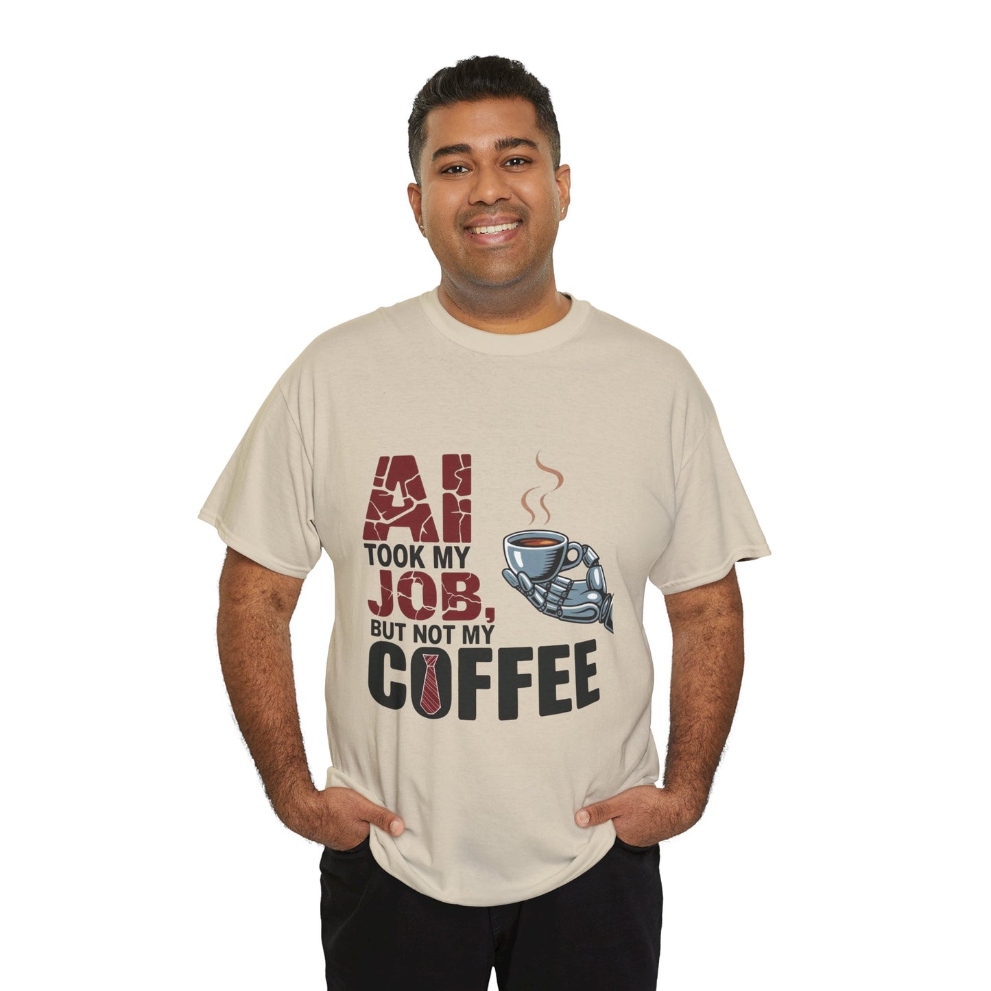 Men's AI Coffee T-Shirt, Funny Robot Humor Graphic Tee, Geek Job Joke Shirt for Him, Men's Heavy Cotton Tee, Sarcastic Work Shirt