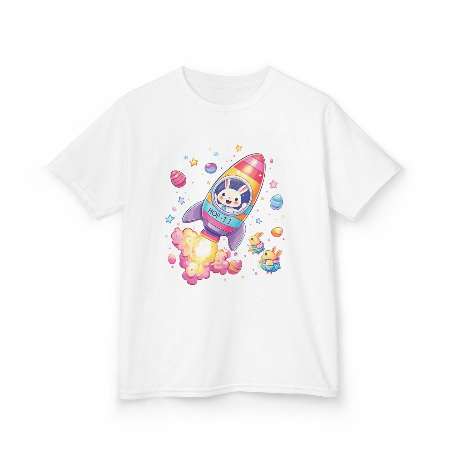 Easter Astronaut Bunny Kids T-Shirt - Cute Space Rocket Bunny with Colorful Eggs, Fun Spring Tee for Boys and Girls, Holiday Gift Idea