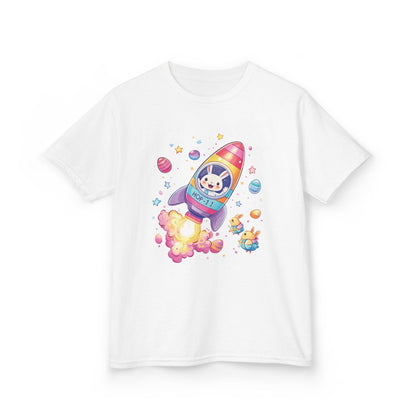 Easter Astronaut Bunny Kids T-Shirt - Cute Space Rocket Bunny with Colorful Eggs, Fun Spring Tee for Boys and Girls, Holiday Gift Idea