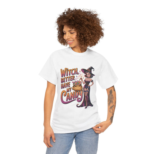 Witch Better Have My Candy Halloween T-Shirt for Women, Funny Spooky Witch Tee, Retro Pin-Up Halloween Shirt, Sassy Fall Party Top
