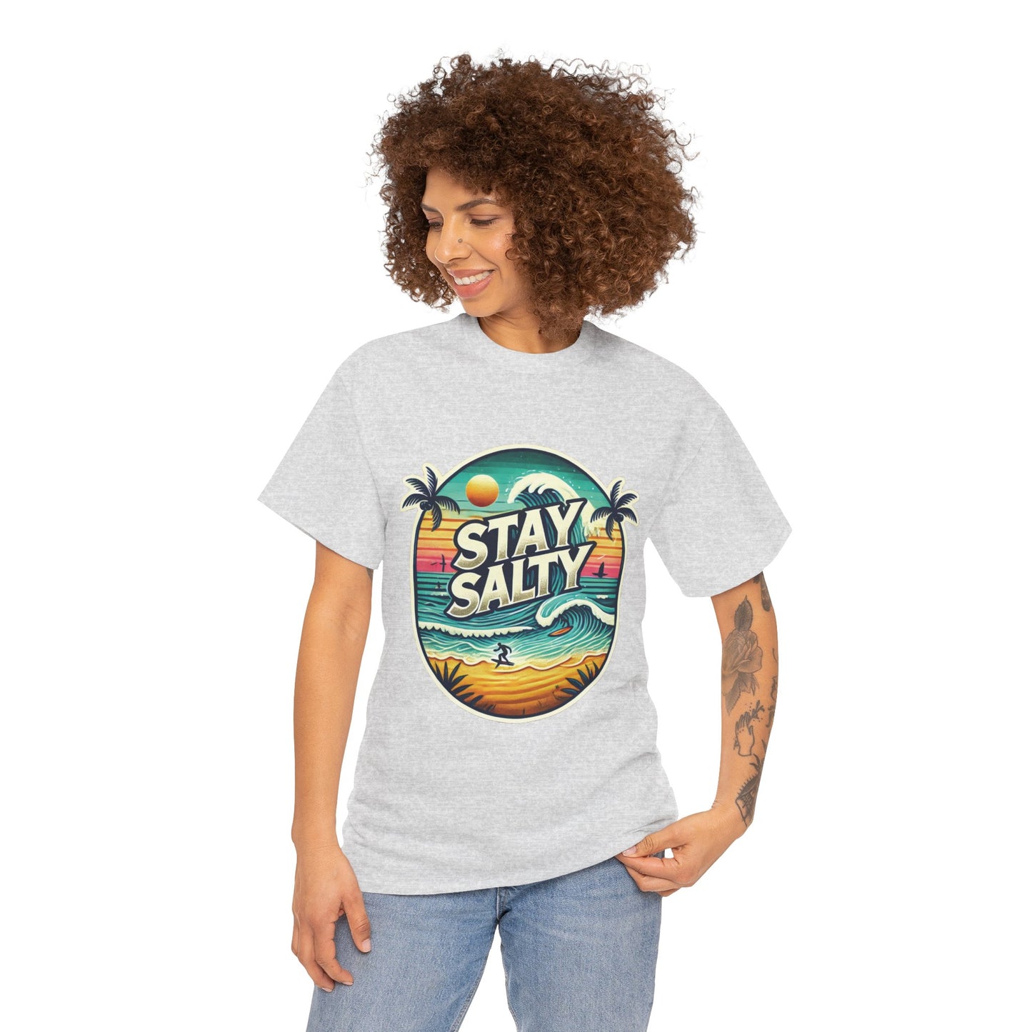 Stay Salty Retro Surf Unisex Heavy Cotton Tee, Vintage Beach Sunset Graphic T-Shirt, Summer Ocean Wave Surfer Shirt, Ocean Lover Gift