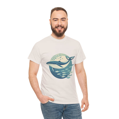 Whale and Fish Unisex Heavy Cotton Tee, Ocean Lover Shirt, Nature Tee, Sea Creature Gift, Casual Summer Top, Ocean Whale Graphic Tee