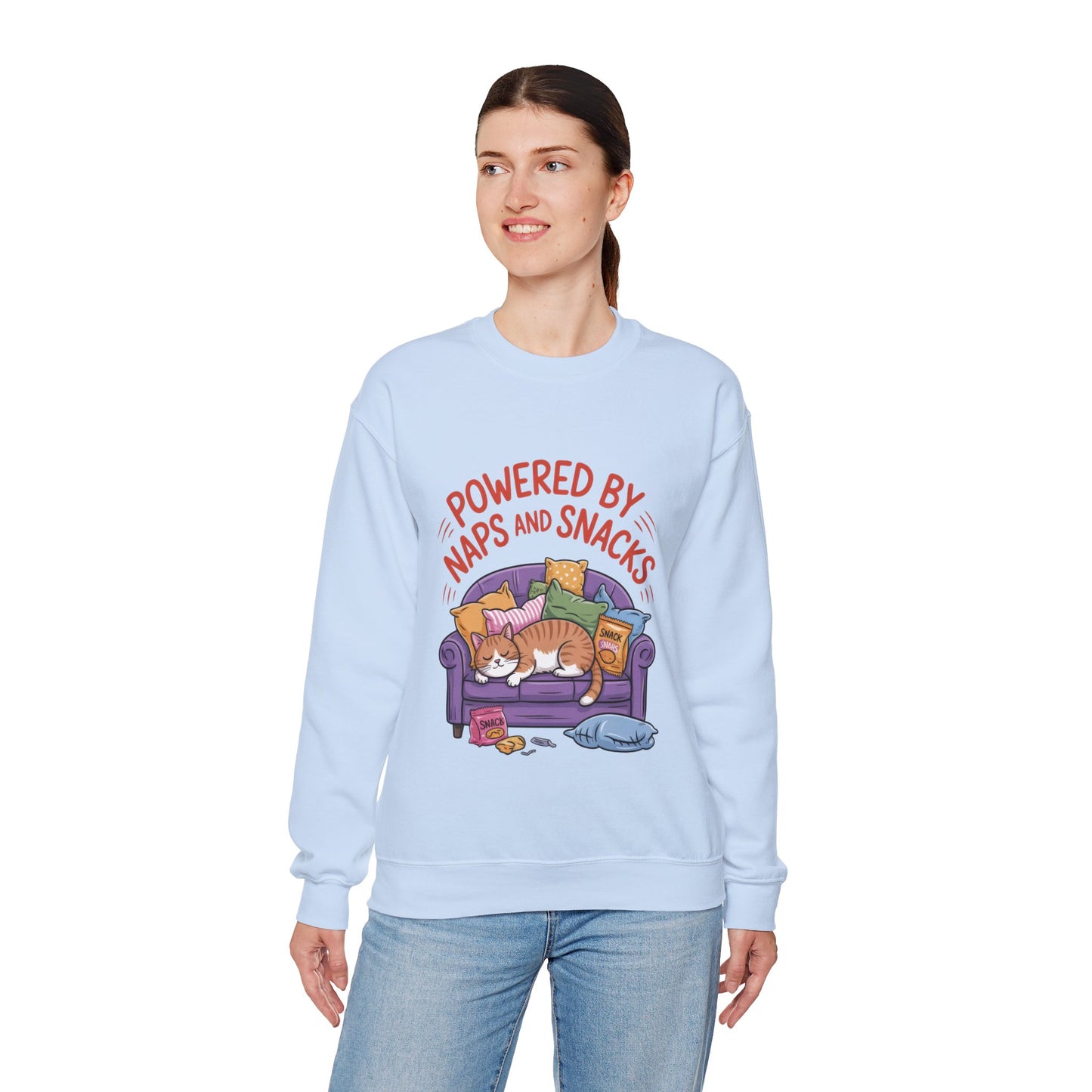 Powered by Naps and Snacks Sweatshirt, Cozy Lounge Crewneck, Gifts for Cat Lovers, Funny Cat Sweatshirt, Casual Everyday Wear