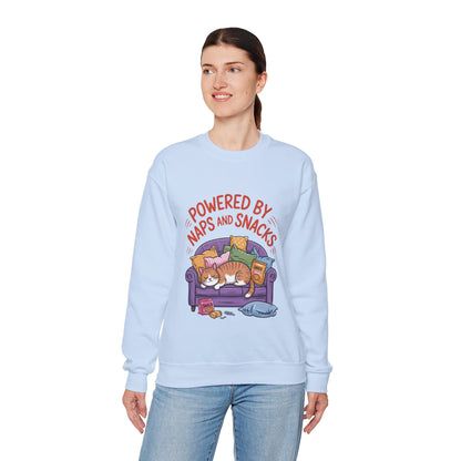 Powered by Naps and Snacks Sweatshirt, Cozy Lounge Crewneck, Gifts for Cat Lovers, Funny Cat Sweatshirt, Casual Everyday Wear
