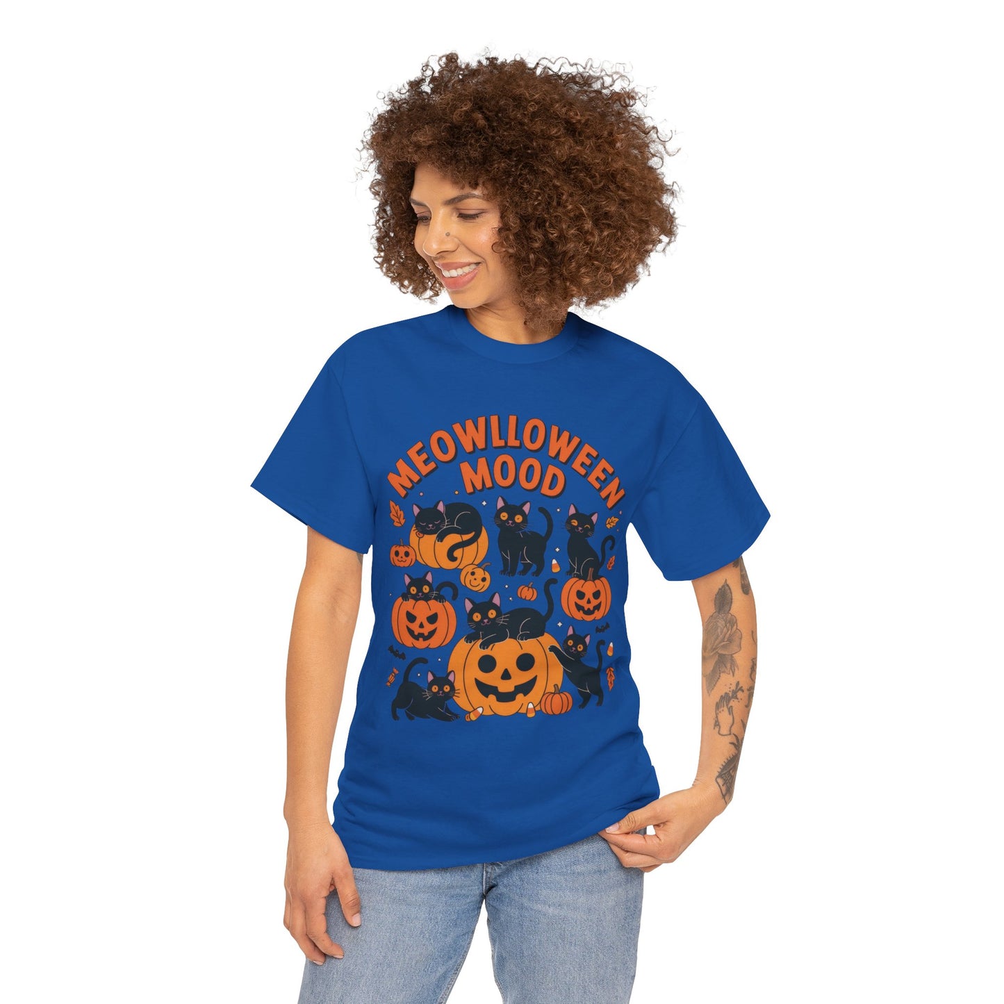 Meowlloween Mood Cat Shirt for Women, Cute Black Cat and Pumpkin Halloween Tee, Cozy Fall Kawaii Spooky Graphic Top, Cat Lover Gift