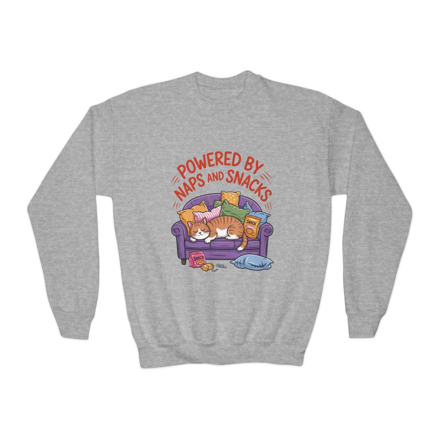 Youth Sweatshirt - Powered by Naps and Snacks, Cozy Apparel for Kids, Perfect for Chill Days, Gift for Cat Lovers, Funny Sweatshirt