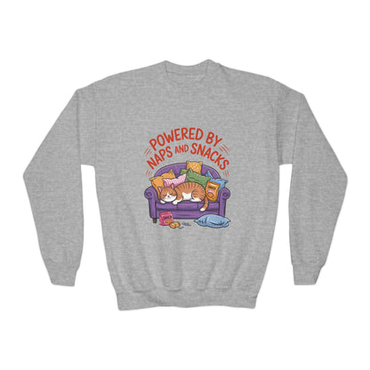 Youth Sweatshirt - Powered by Naps and Snacks, Cozy Apparel for Kids, Perfect for Chill Days, Gift for Cat Lovers, Funny Sweatshirt