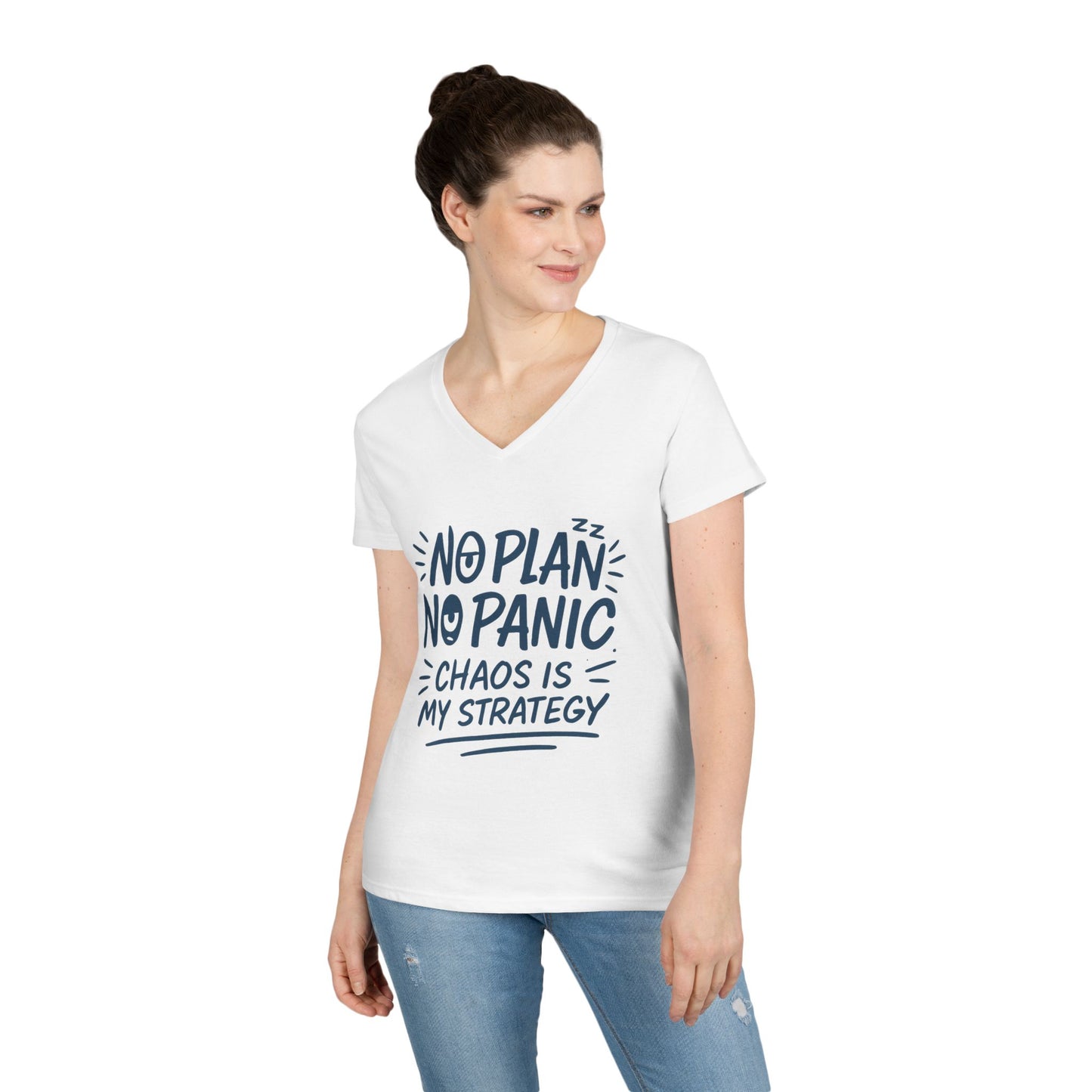 Ladies' V-Neck T-Shirt - "No Plan No Panic" Casual Tee, Everyday Wear, Gift for Friends, Relaxed Style, Funny Motivational Top