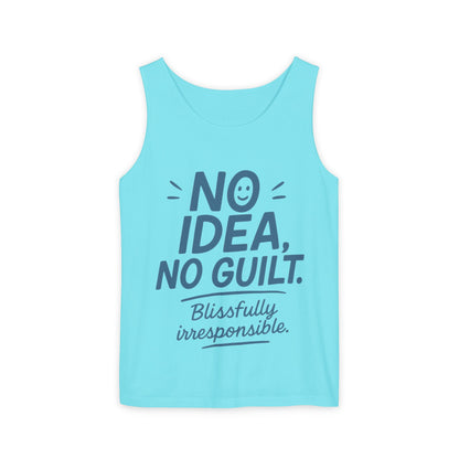 Mens Funny Tank Top, No Idea No Guilt Quote, Blissfully Irresponsible Gym Shirt, Casual Sleeveless Top, , Fun Party Shirt
